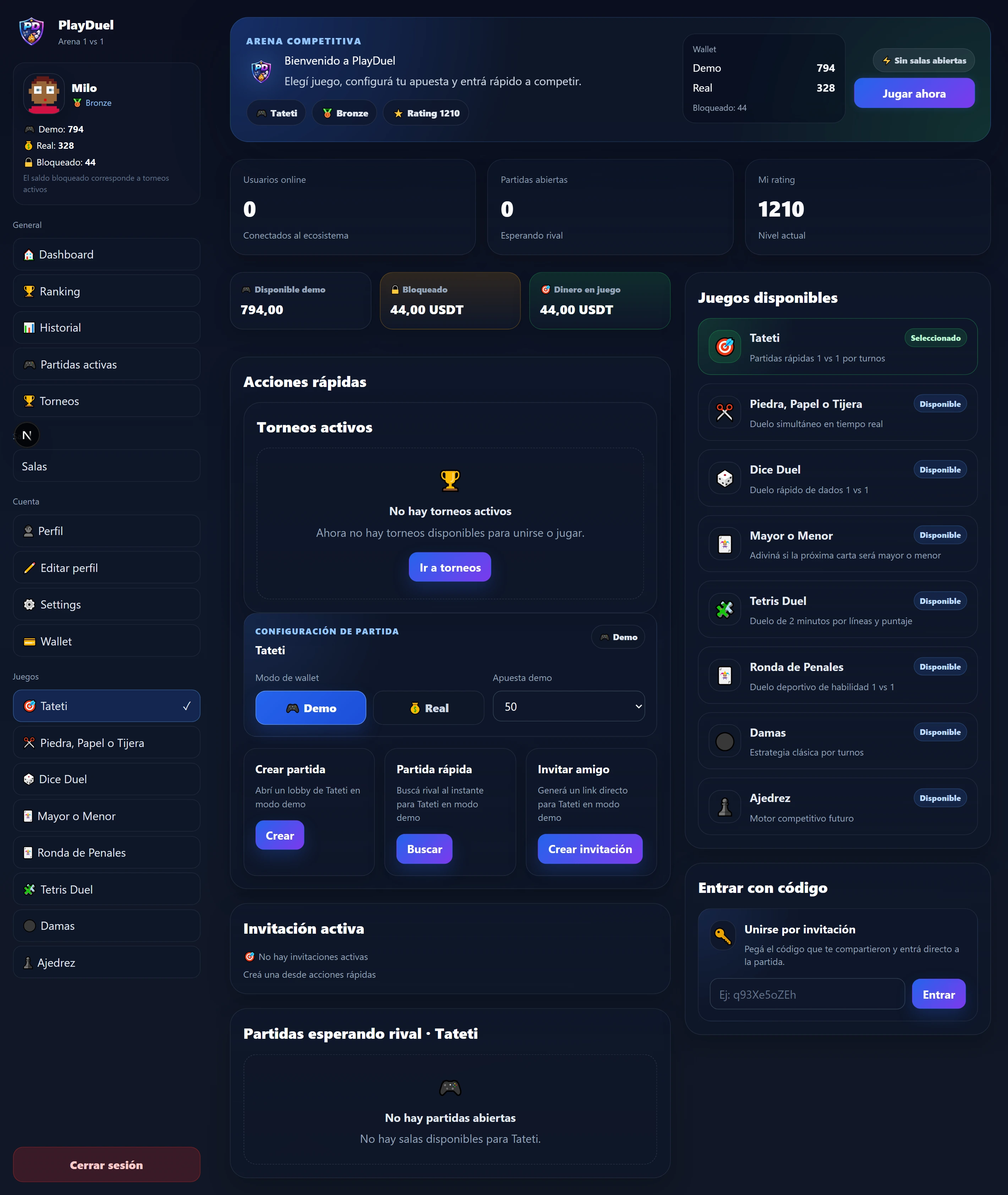 PlayDuel — lobby principal